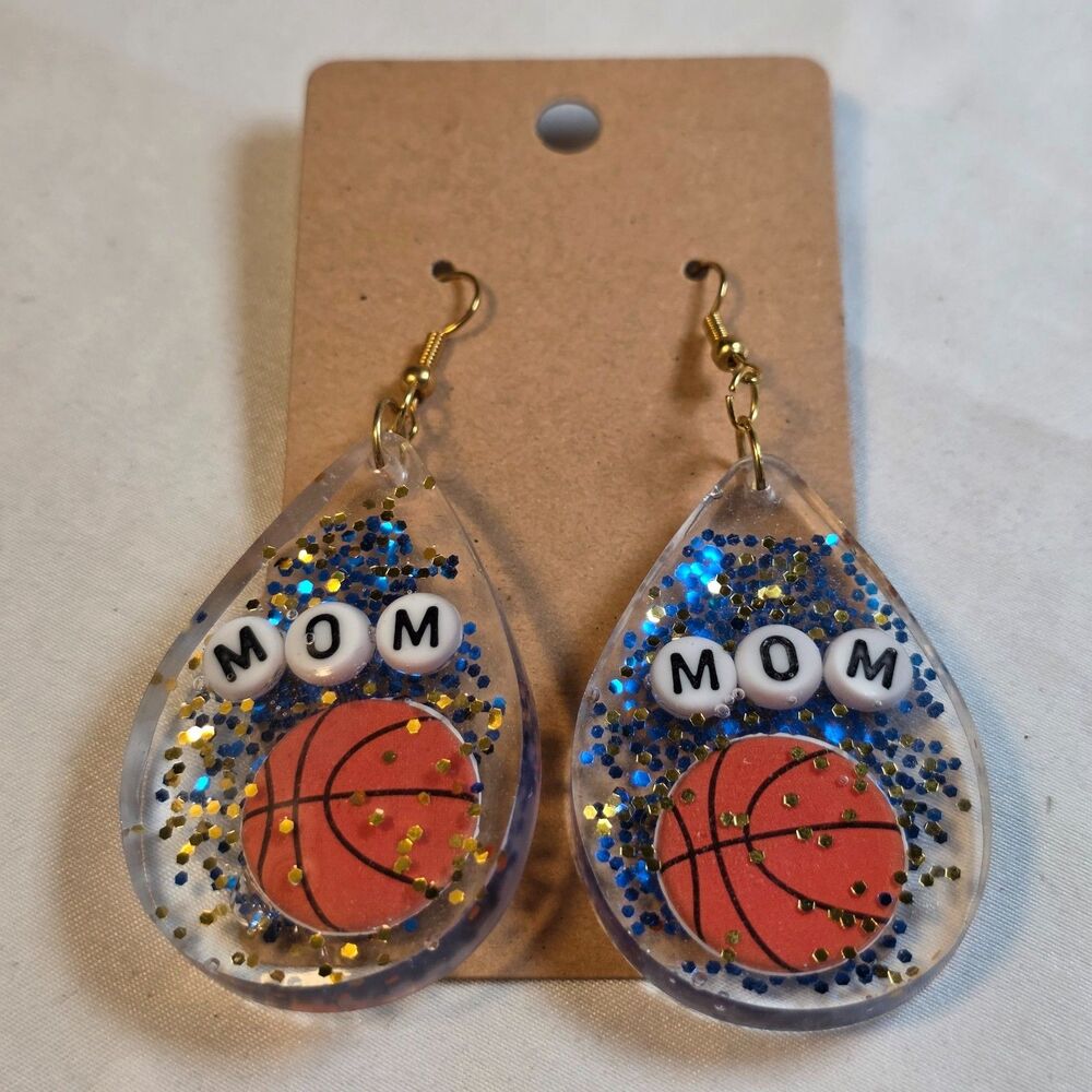 Basketball Mom Resin Earrings Glitter Teardrop Dangle Game Day Sports Jewelry